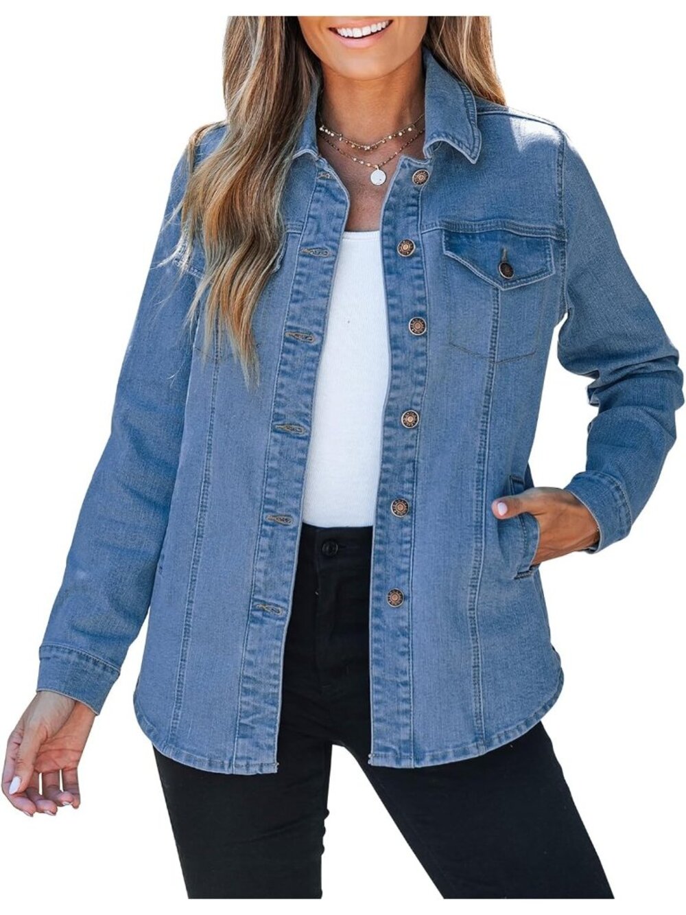 Women's Medium Blue Long Sleeve button down Pockets Denim Jacket Casual